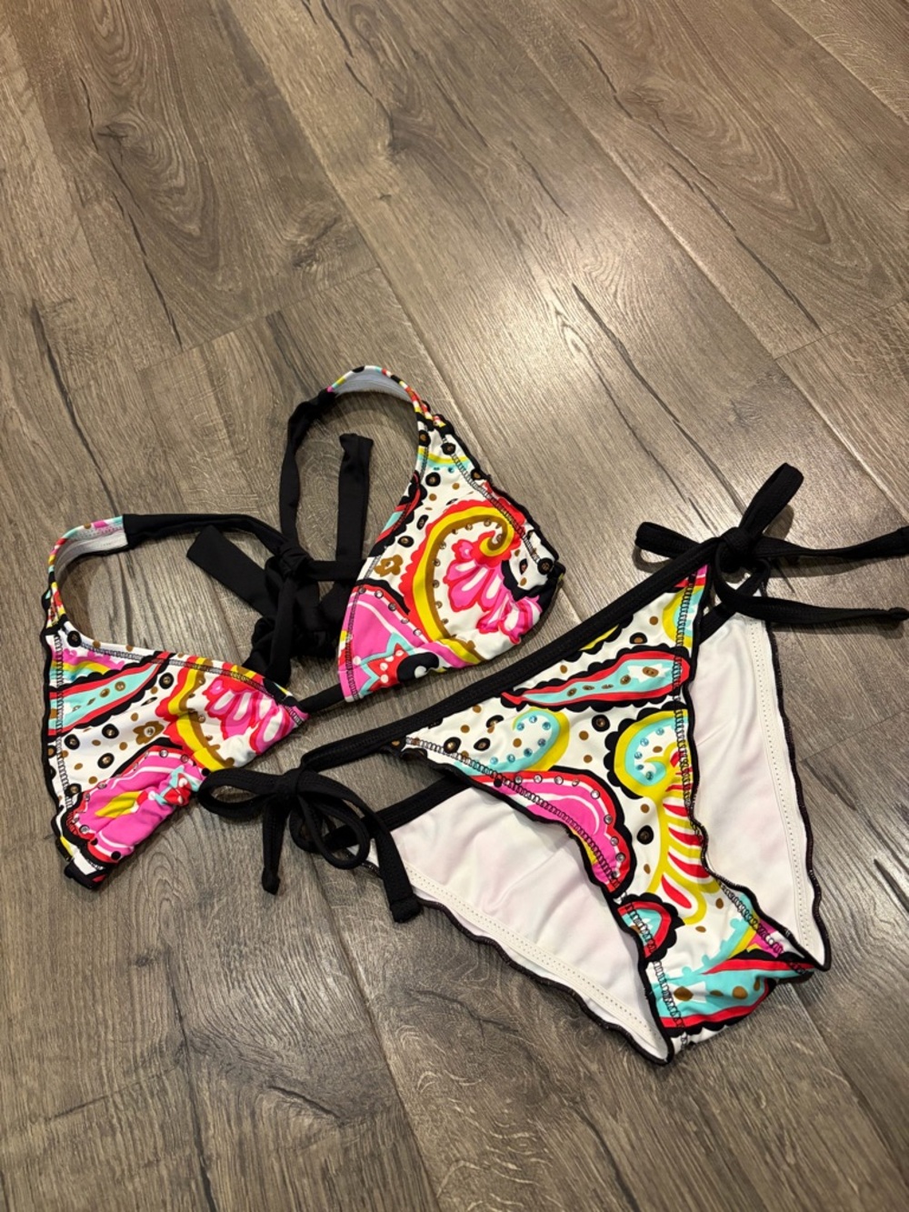 Cosita Linda Bikini 2 Pc Boho Paisley Rhinestone Embellished Ruffle Retro Y2K S - Picture 8 of 11